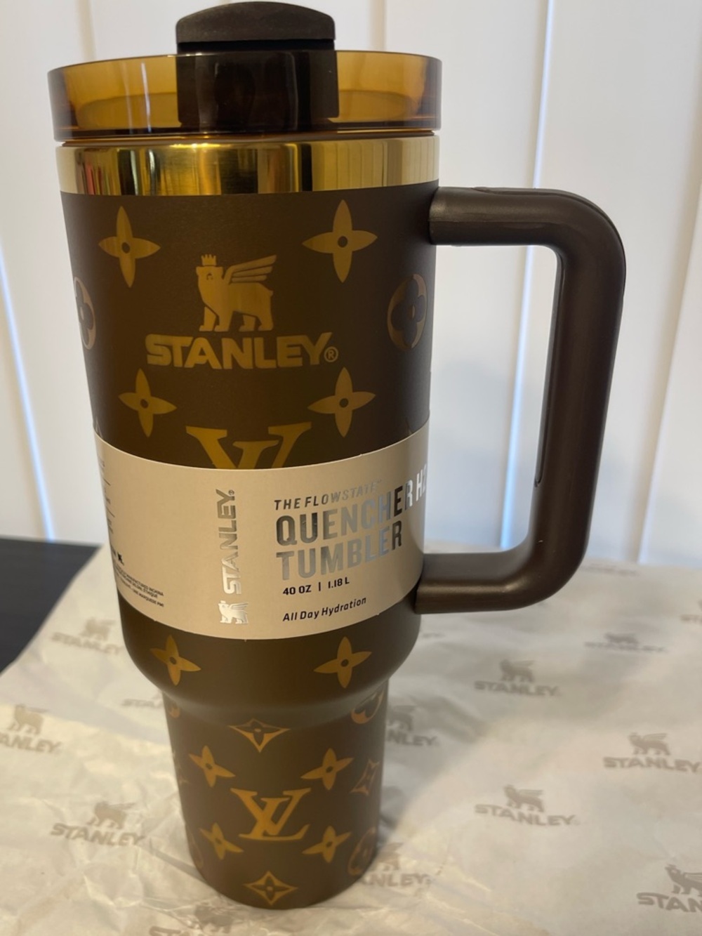 Custom Stanley 40oz Brown 40oz Tumbler with Gold Accents